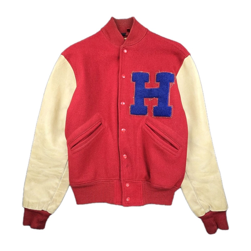 Vintage Lowe & Campbell Varsity Letterman Jacket 50s Red Wool Tan Leather Medium